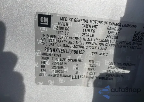 2018 Chevrolet Equinox Premier z USA, uszkodzony, nr VIN 2GNAXVEV1J6196158